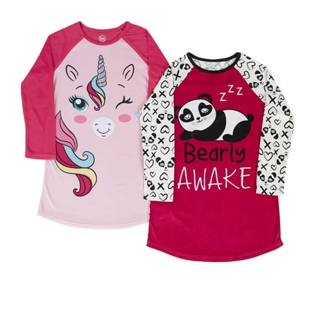 Monkey Pink Girls Pajamas - WONDER NATION Fleece Raglan Sleeve 2pk Sleep Gown (Little Girls & Big Girls)
