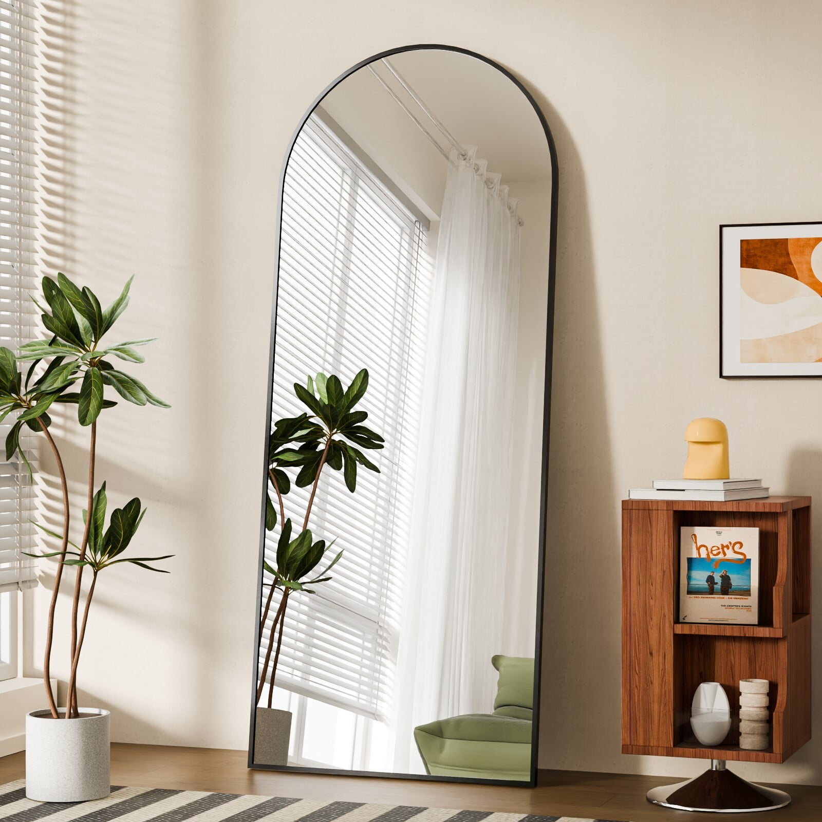 Easy4Home 68"x22" Arched Full Length Mirror with Aluminum Alloy Frame Freestanding Floor Dressing Mirror, Black