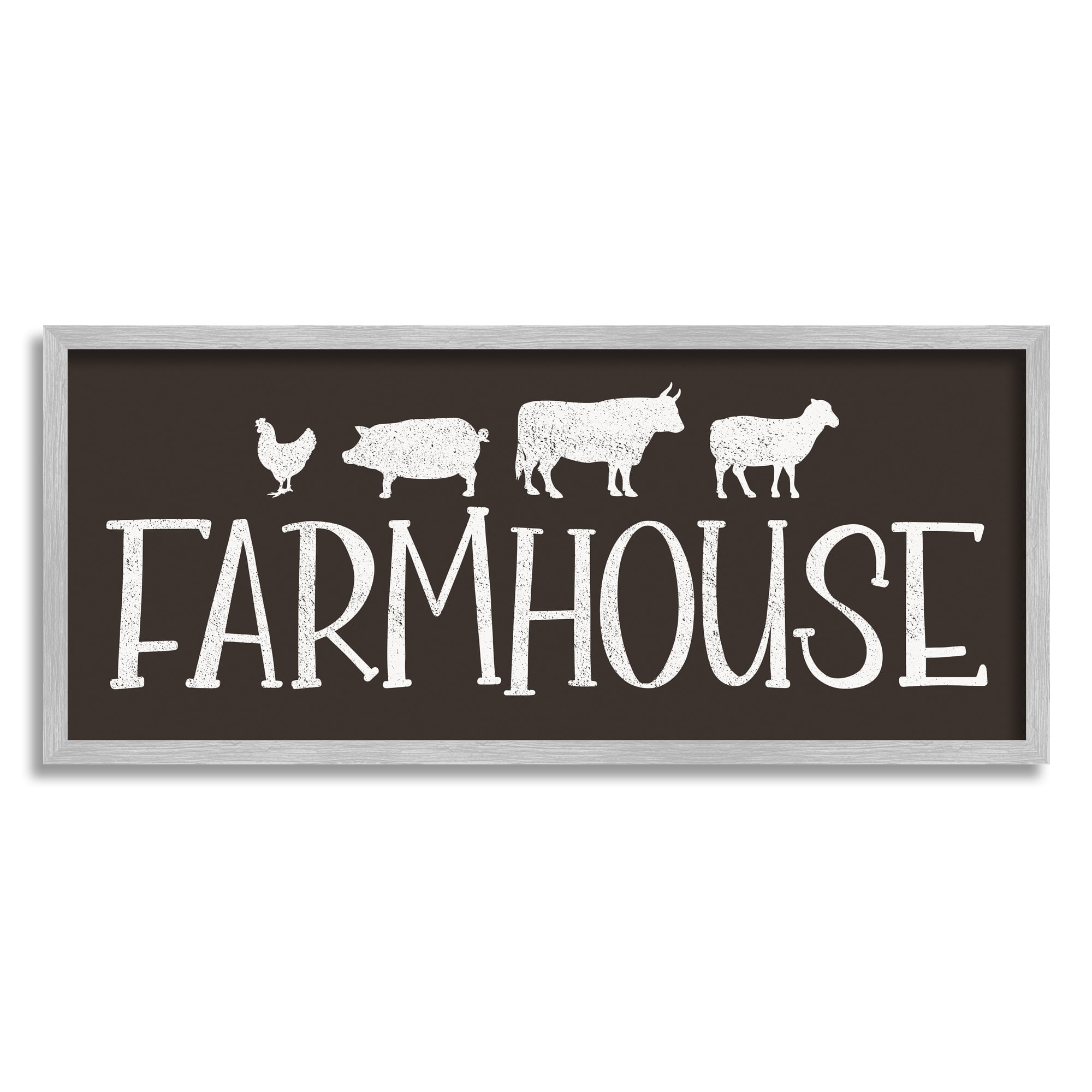 Stupell Industries Farmhouse Animals Sign Black White Pig Cow Chicken Country Painting Gray Framed Art Print Wall Art, 10 x 24, Design by JJ Design House LLC