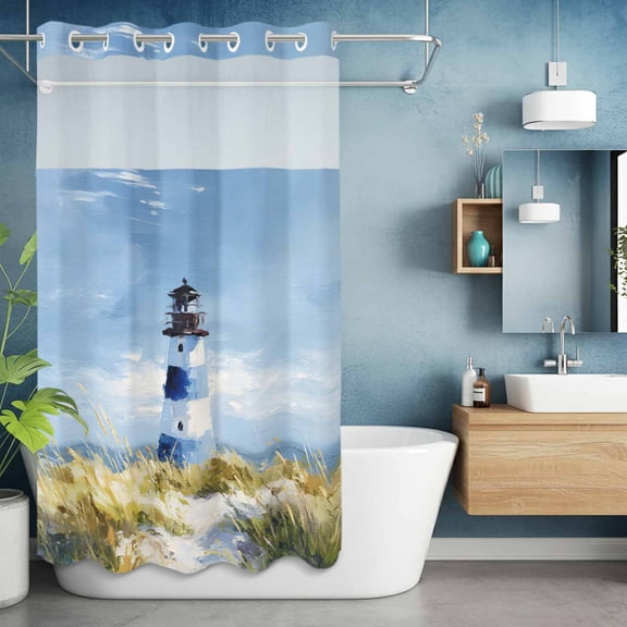 No Hook Shower Curtain with Snap in Liner, Summer Ocean Seaside Lighthouse Waterproof Fabric Bathroom Curtain Mesh Top Window, Retro Oil Painting Style Shower Curtains 36x72in