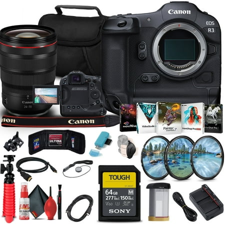 Canon EOS R3 Mirrorless Camera (4895C002) + Canon RF 24-70mm Lens + Sony 64GB TOUGH SD Card + Filter Kit + Card Reader + Corel Photo Software + HDMI Cable + Case + Flex Tripod + Hand Strap + More