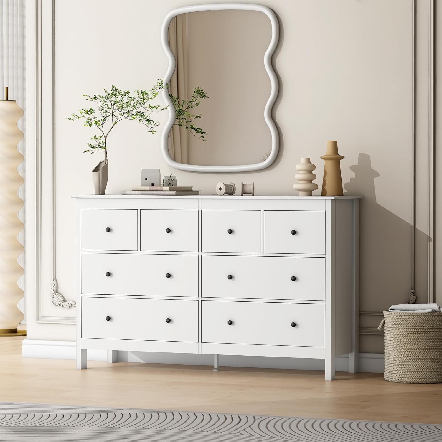 Pipleo White Dresser, 8 Drawer Dresser, 50" Modern Wooden Dressers Chests of Drawer, 8 Drawers Wide Dresser for Bedroom