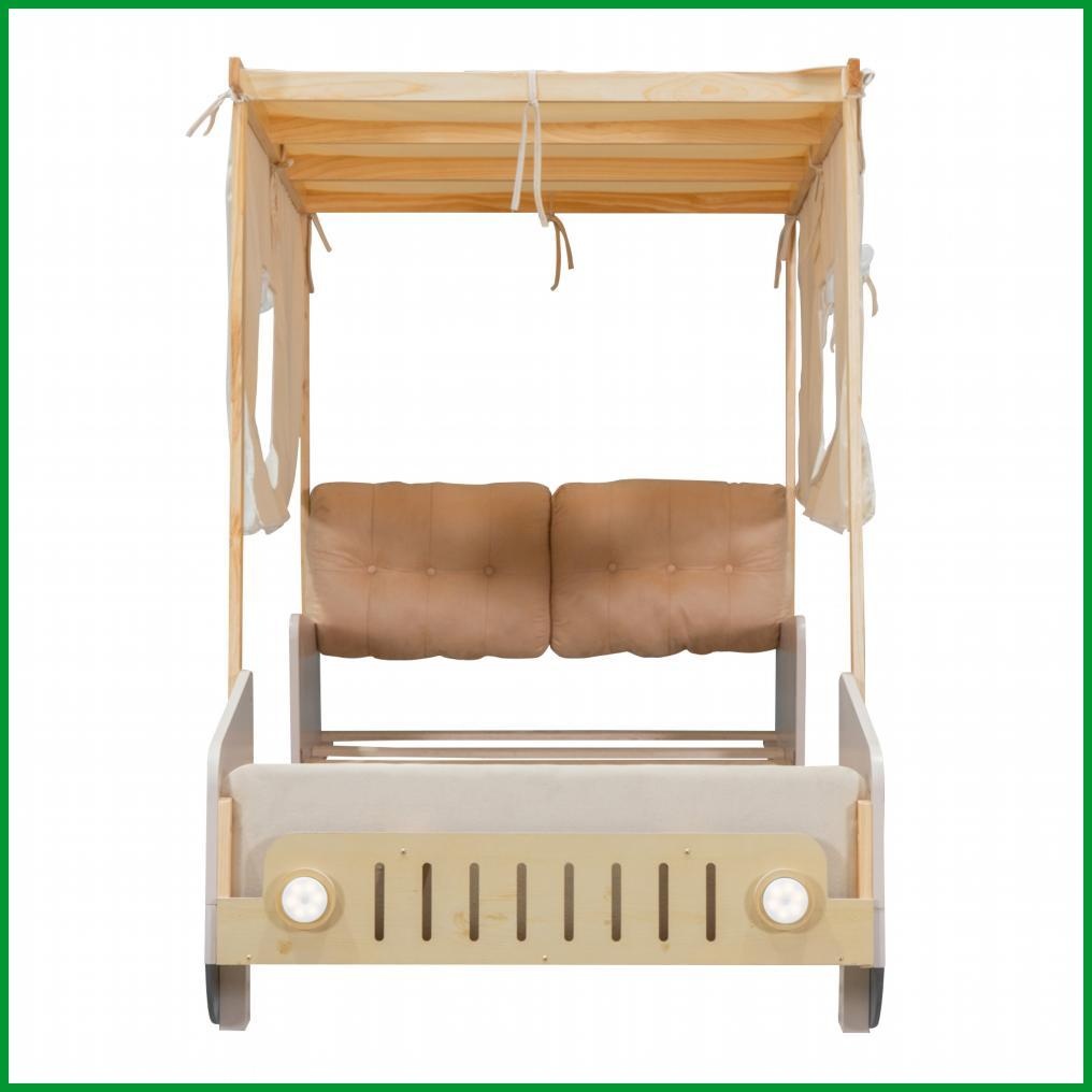 Twin Size Pine Wood Car Platform Bed with LED Lights Pillow Ceiling Cloth - No Box Spring Needed - Natural for Youth Bedroom