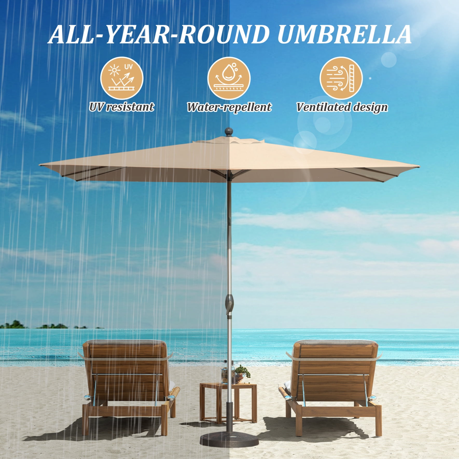 10FT Outdoor Patio Umbrella, Rectangle Market Umbrella with Push Button Tilt and Crank, Table Umbrella 8 Sturdy Ribs UV Protection for Deck, Backyard, Pool, Beige