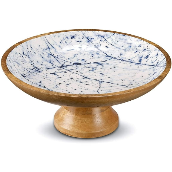Folkulture Wooden Fruit Bowl or Decorative Fruit Bowl for Kitchen Counter or Centerpiece Table Decor, 12-inch Large Serving Bowls for Breads or Fruits, Mango Wood. Blue Marble