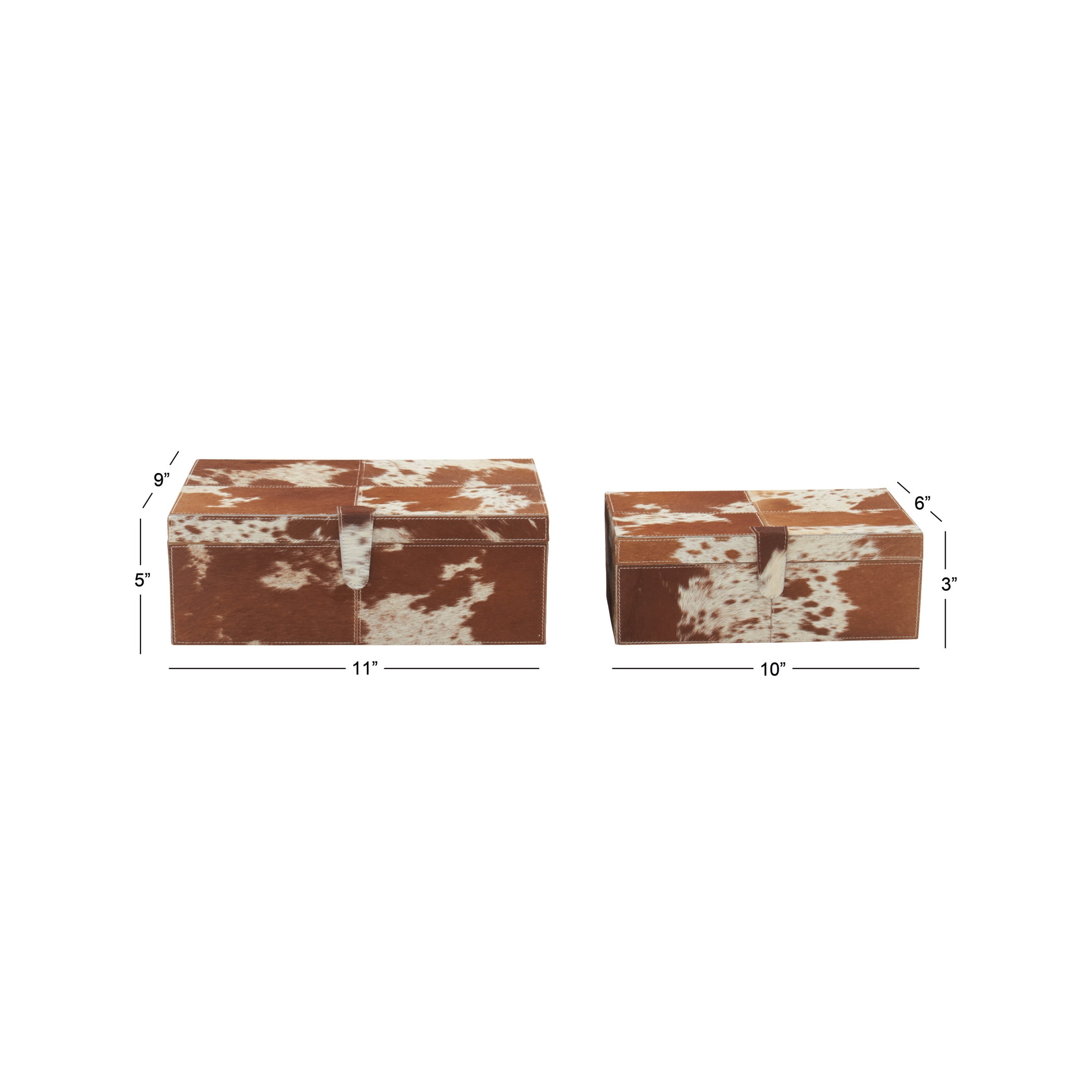 DecMode Handmade Cowhide Brown Leather Decorative Box with Snap Front Closure and Detailed Stitching, 2 Count