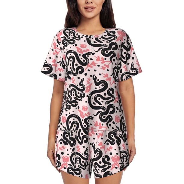 Fotbe Black Snake Conjunto de Pijama Estampado para Mujer, 2 Piezas, Ropa de Dormir con Camiseta de Manga Corta y Shorts Suaves-Large