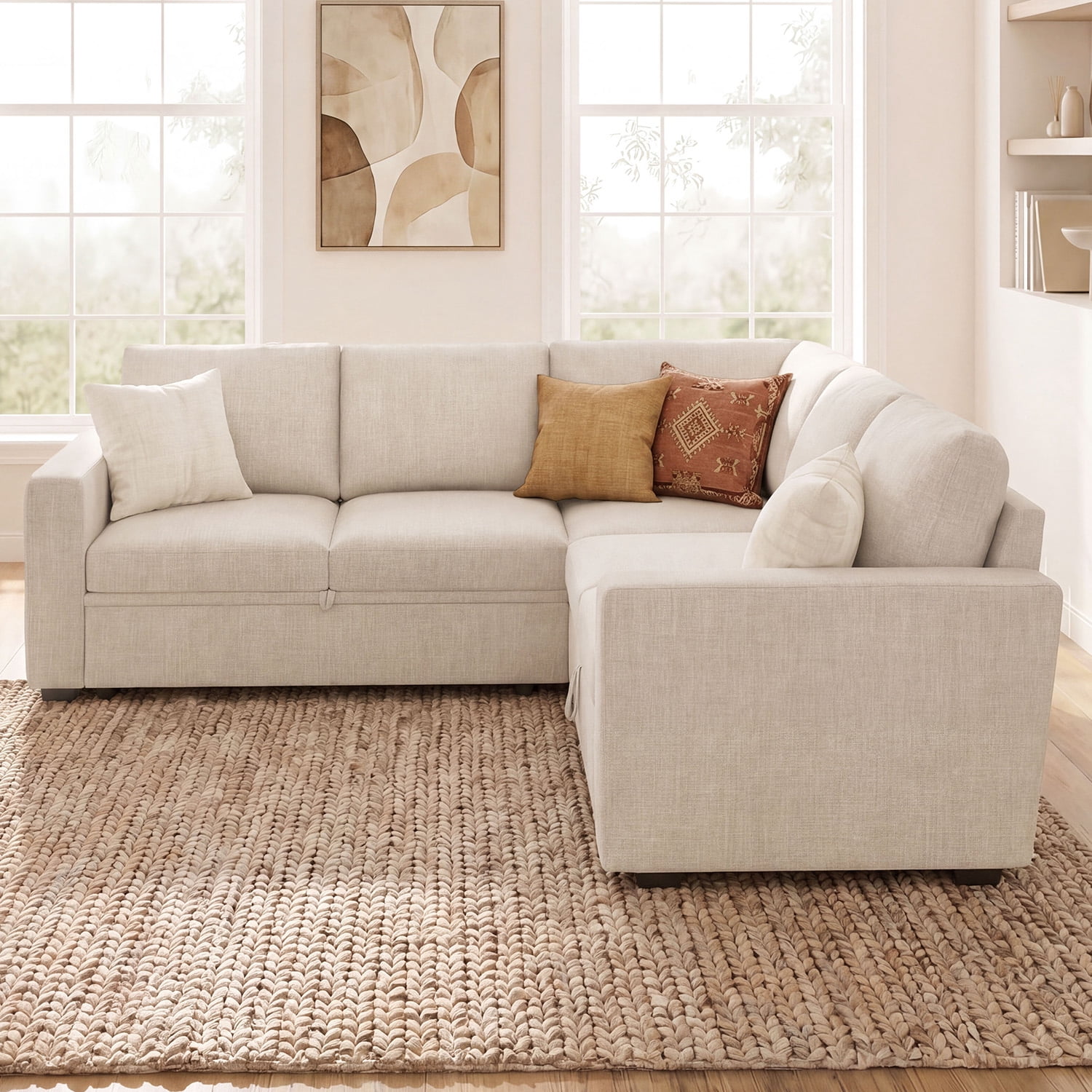 Marrber Modern L-Shaped Pull-Out Sectional Sleeper Sofa Bed with Storage for Living Room, Beige