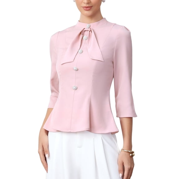 INSPIRE CHIC Elegant Work Shirts for Women's 3/4 Sleeve Mock Neck Buttons Office Formal Blouses XS Pink