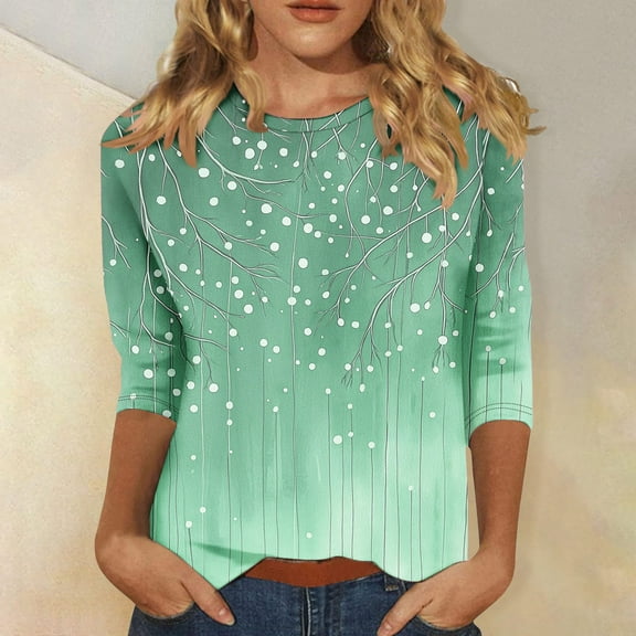 Royisotas Summer Women's Tops 3/4 Sleeve Mint Green Casual Print Shirts Plus Size Crew Neck Loose Tshirts Shirts