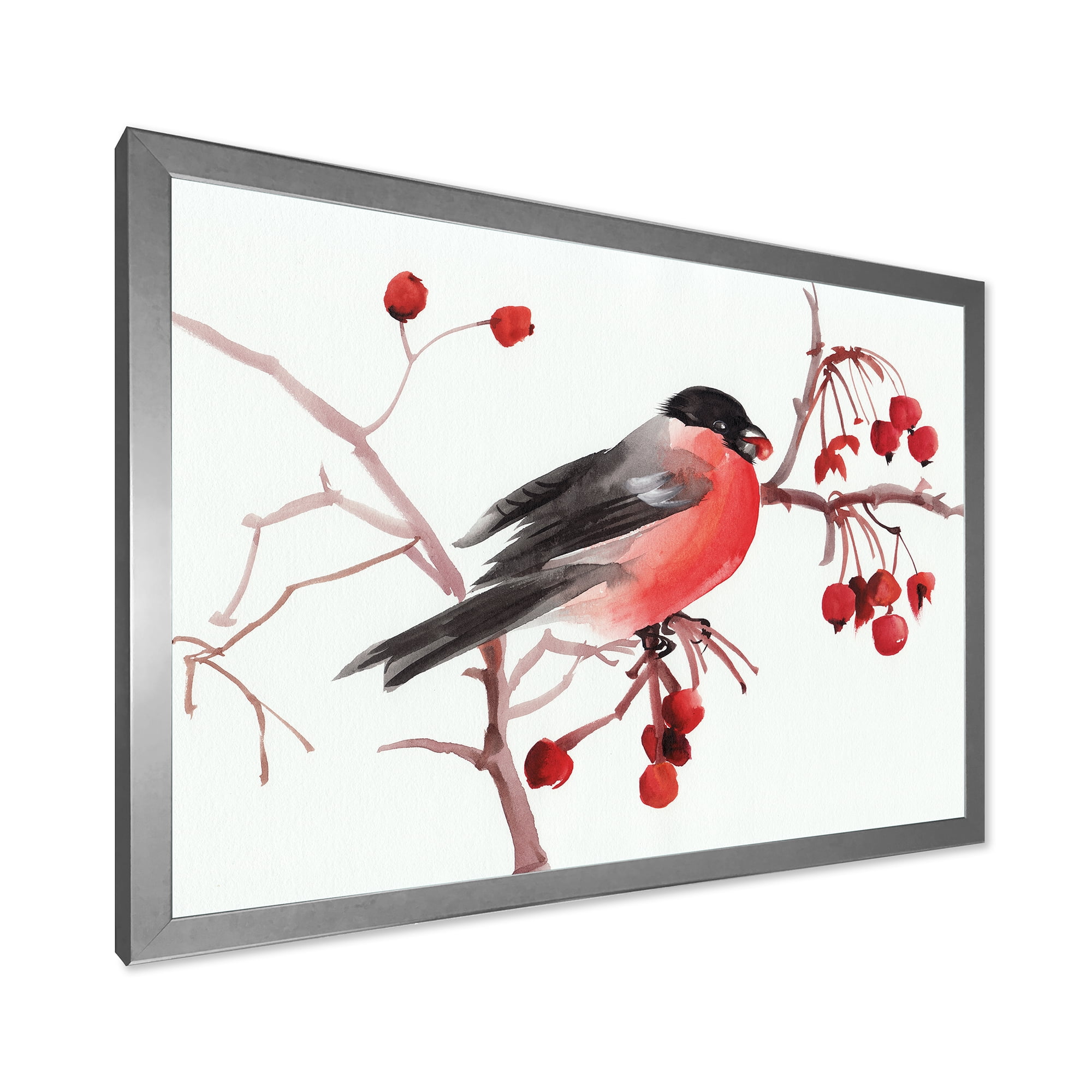 Designart 'Bullfinch Bird Sitting On A Branch' Traditional Framed Art Print