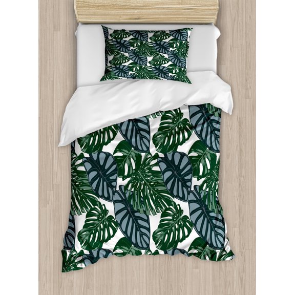 Leaves Duvet Cover Set Twin Size, Exotic Monstera Philodendron and Alocasia Leaf Foliage on Plain Backdrop, Decorative 2 Piece Bedding Set with 1 Pillow Sham, White and Multicolor, by Ambesonne