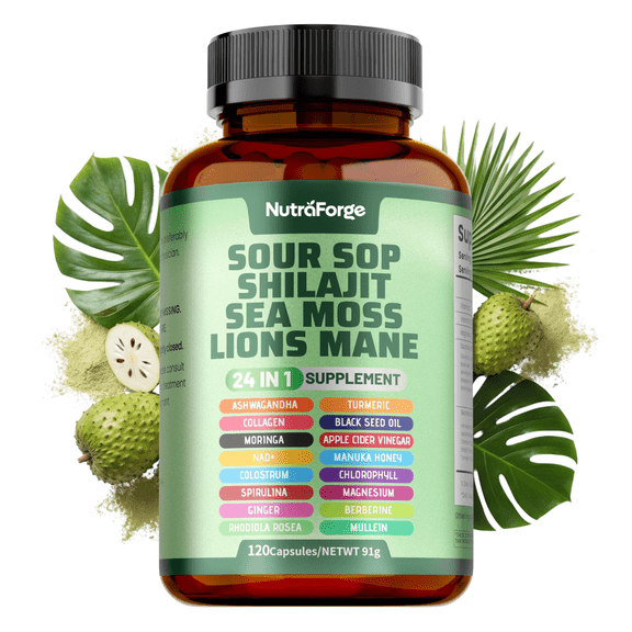 Soursop Shilajit Sea Moss Lion’s Mane Supplement – 24 in 1 Superfood Blend with Ashwagandha, NAD , Black Seed Oil, Turmeric & Moringa – Immune Support, Energy Booster & Brain Health – 120 Capsules