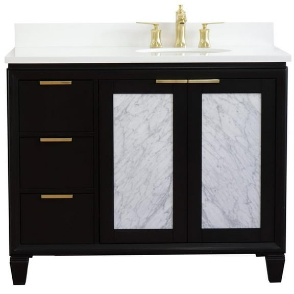 Trento 43" Solid Wood Vanity with Right Oval Sink in Blue/White Quartz Stone