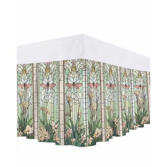 Green Vintage Stained Glass Ruffle Bed Skirt Queen Size Flowers Butterfly Adjustable Elastic Dust Bed Skirts Wrap Around Bedskirt Wrinkle Free Easy Fit with 16 Inch Drop