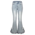 thumbnail image 2 of ZHOGXU Teen Big Kids Girls Flare Jeans Elastic Waist Bow Design Ruffles Stretch Bootcut Pants Trousers For Casual Daily Wear,Light Blue,5-6 Years, 2 of 5