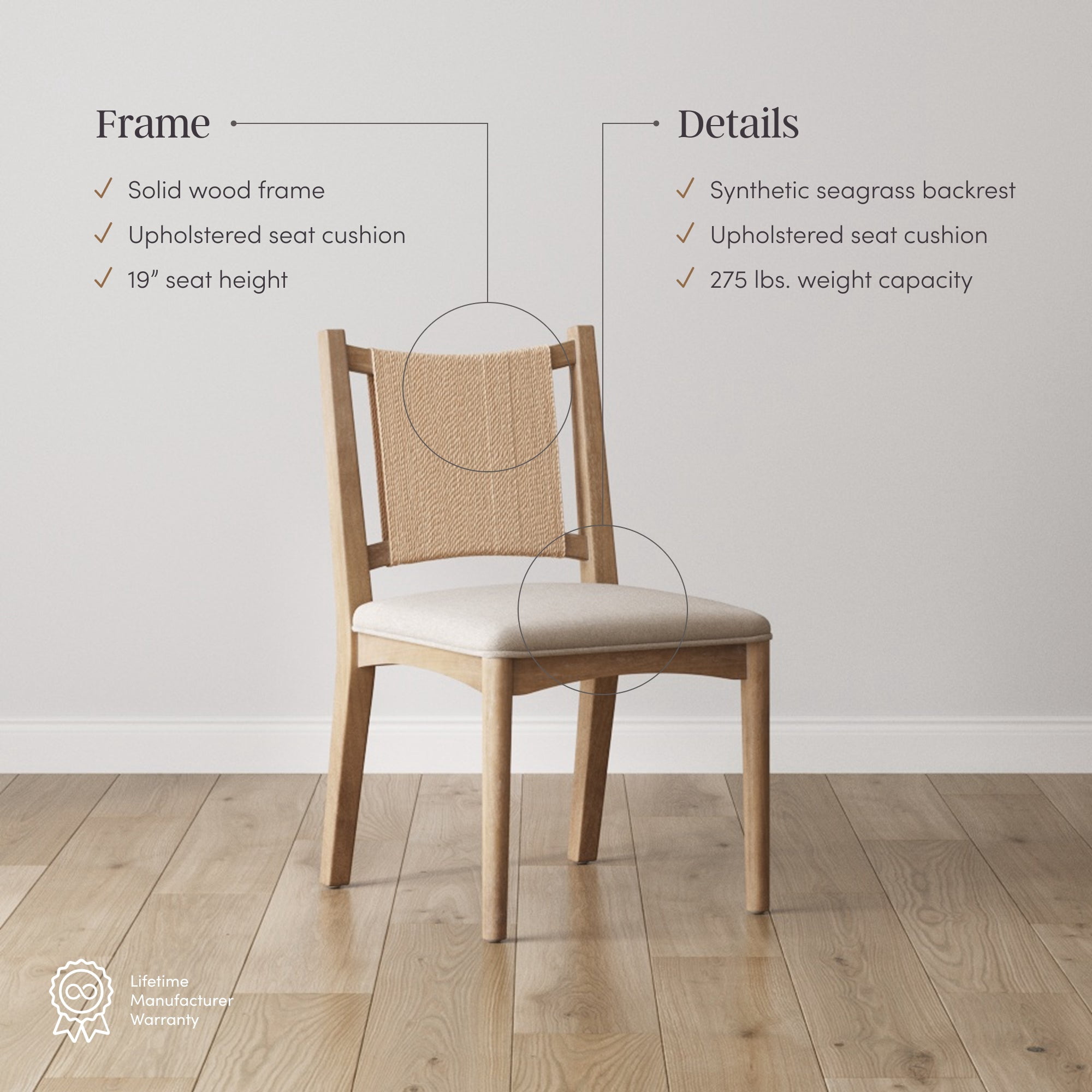 Nathan James Elodia Upholstered Dining Chair with Seagrass Back Solid Wood Modern Dining Room Chair with Natural Flax Upholstery, Light Brown