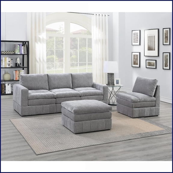 Contemporary 5-Piece Modular Sectional Sofa – Plush Triple-Layer Cushions, Granite Suede Living Room Set | Gray | Suede | Cushion Back