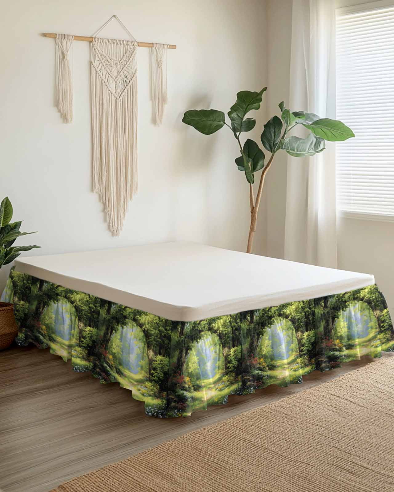 Spring Forest Bed Skirt Queen Size 16 Inch Drop, Spring Green Trees Floral Grass Plant Forest Adjustable Elastic Dust Ruffles Bedskirt for Queen Bed Wrap Around Pleated Mattress Frame Cover