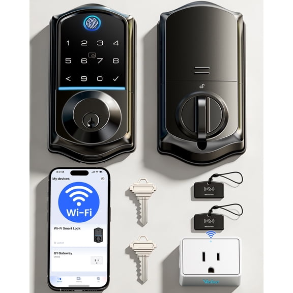 Veise VE017G WiFi Smart Keyless Entry Lock for Front Door, Matte Black Remote APP Control, Fingerprint, Voice & Fob Unlock, Touchscreen Back-Lit Keypad Deadbolt, Emergency Power Port, Auto Lock