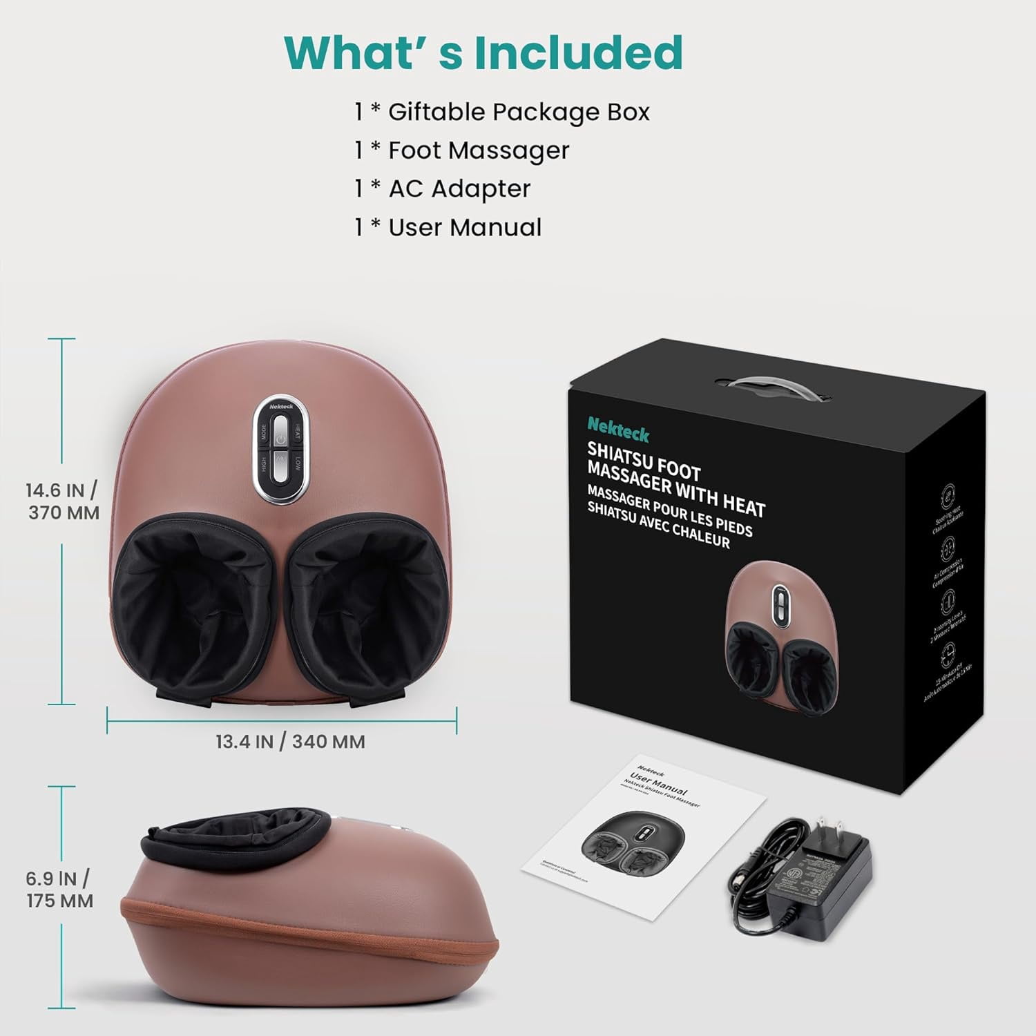 Nekteck Foot Massager with Heat, Shiatsu Foot Massagers Machine for Neuropathy, Blood Circulation, Plantar Fasciitis Relief, Feet Deep Kneading Therapy Air Compression, FSA/HSA, Gifts for Mom/Dad