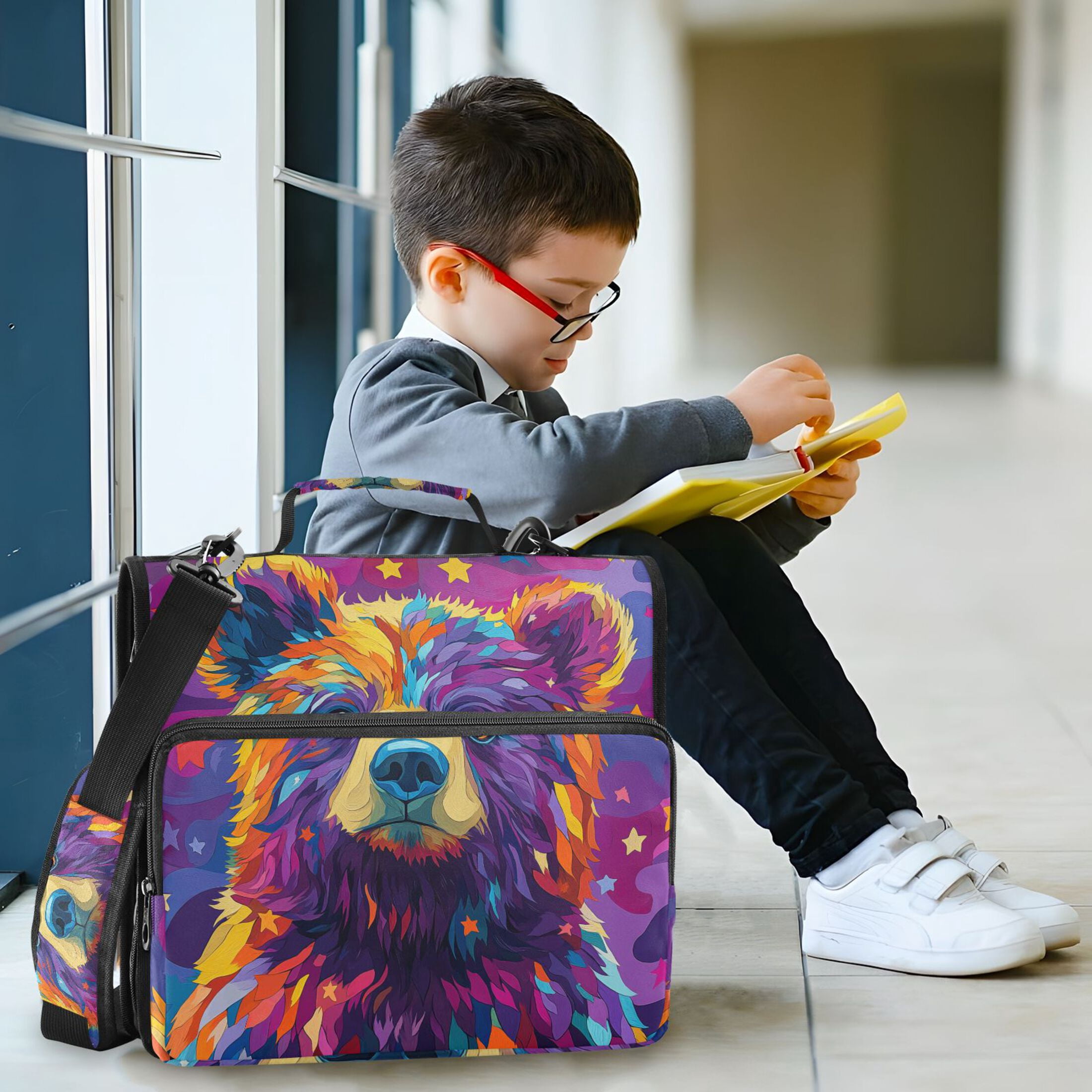 3 Ring Zipper Binder with Shoulder Strap Waterproof Trapper Keeper 2 Inch D-Ring 500 Sheets Capacity Colorful Bear and Star