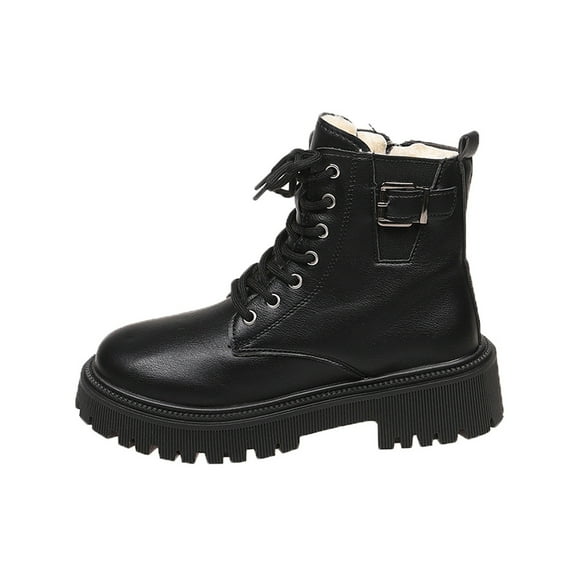 Black Women Fashionable Warm Ankle Boots Featuring Round Toe And Side Zipper Design Front Lace-Up Chunky Low Heel