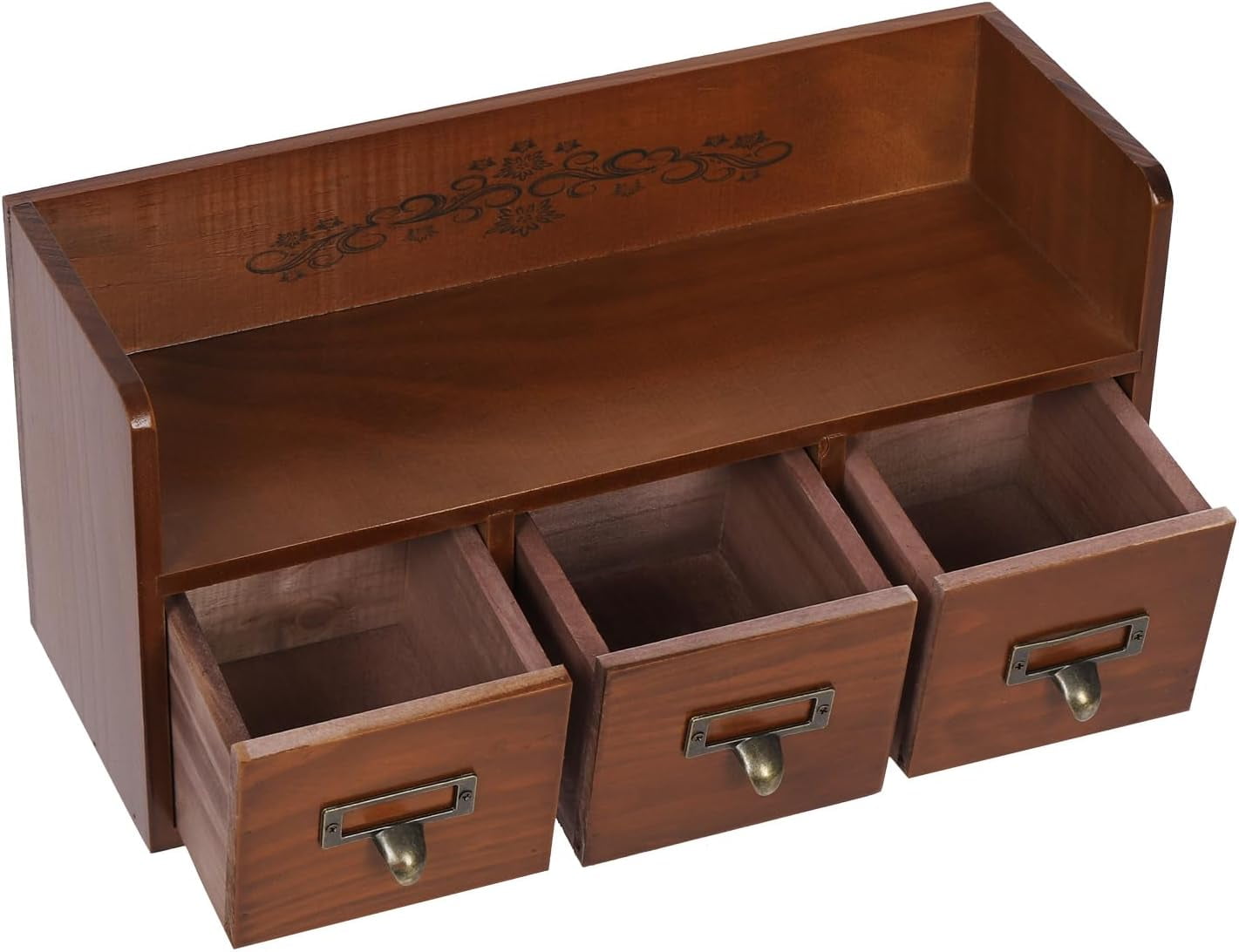 Wood Desktop Organizer with 3 Drawers, Desk Drawer Cabinet with Top Shelf Tabletop Desk Storage Drawers Vintage Supplies Organizer Brown for Bedroom Living Room Office