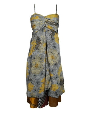 Mogul Women Gray Floral Vintage Recycled Sari Printed Sundress Layered Spaghetti Strap Beach Summer Dresses S/M