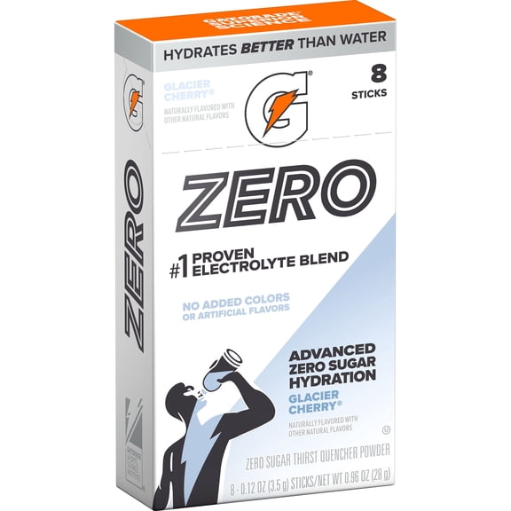 Gatorade Zero Sugar Glacier Cherry, On the Go Packs, Electrolyte Powder Drink Mix, 0.12 oz, 8 sticks