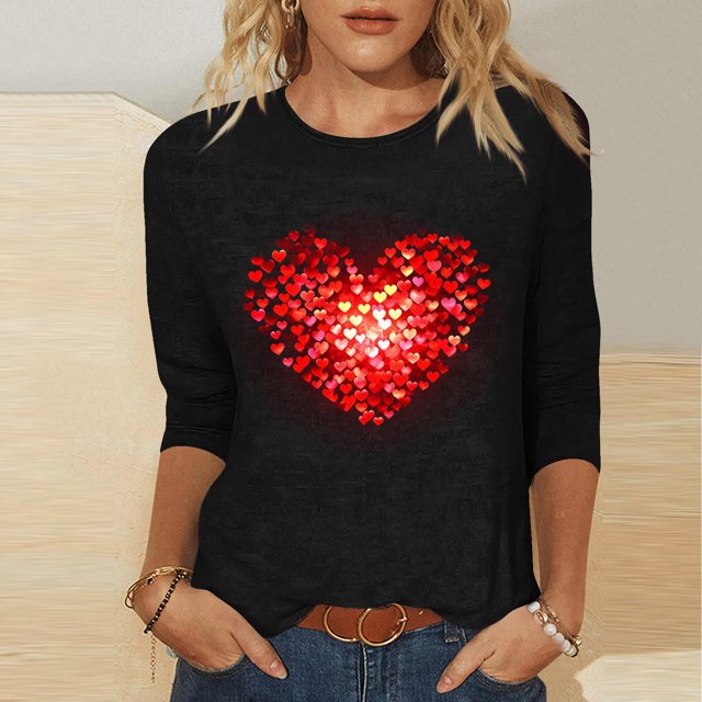 RKSTN Women's Valentines T Shirts Oversized Crewneck Valentine's Day Graphic Printed 3/4 Length Sleeve Shirt Tops Womens Casual Round Neck Loose Comfy Loves Heart Print Three Quarter Sleeve Shirts