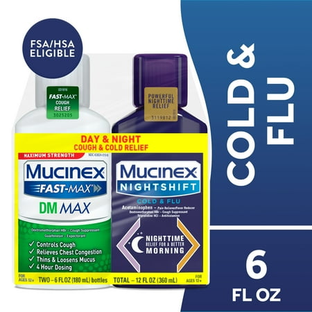 Mucinex Fast-Max DM Max & Nightshift Cold and Flu Medicine, OTC Day/Night Cough Medicine, 2x6 fl oz