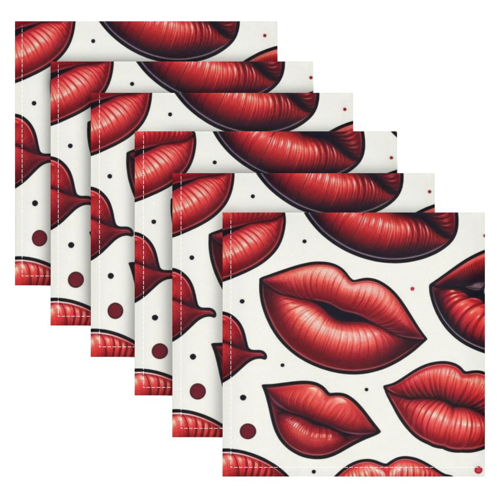 JSTEL Red Lips Polka Dots Cloth Napkins Set of 6, 20x20 Inch Washable and Reusable Napkin for Decoupage Dinner Party Everyday Use
