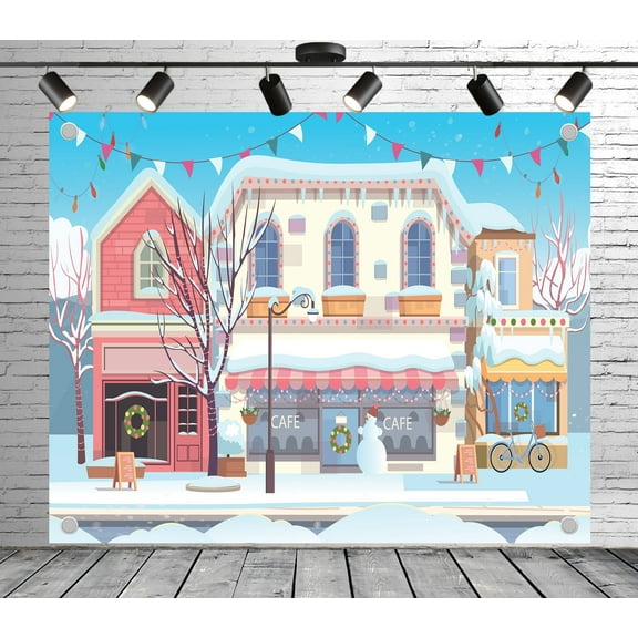 Winter Town Photo Backdrop | Polyester Fabric Banner Decorative Curtains for Theme Party Christmas Festive Event Studio Props