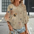 thumbnail image 3 of Abstract Geometric Beige Pattern Women's V-Neck Blouse With 3/4 Ruffled Bell Sleeves Casual Top Ladies Blouses, 3 of 7