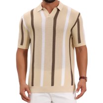 Men's Hollow Knit Polo Shirt V Neck Short Sleeve Golf Polo Shirts L Khaki