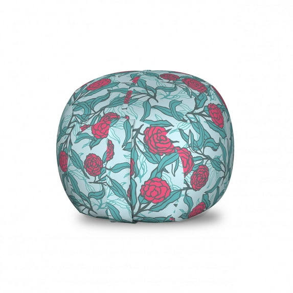 Floral Storage Toy Bag Chair, Hand Drawn Like Peony Flowers and Leaves on Background of Silhouettes, Stuffed Animal Organizer Washable Bag, Large Size, Pale Blue Multicolor, by Ambesonne