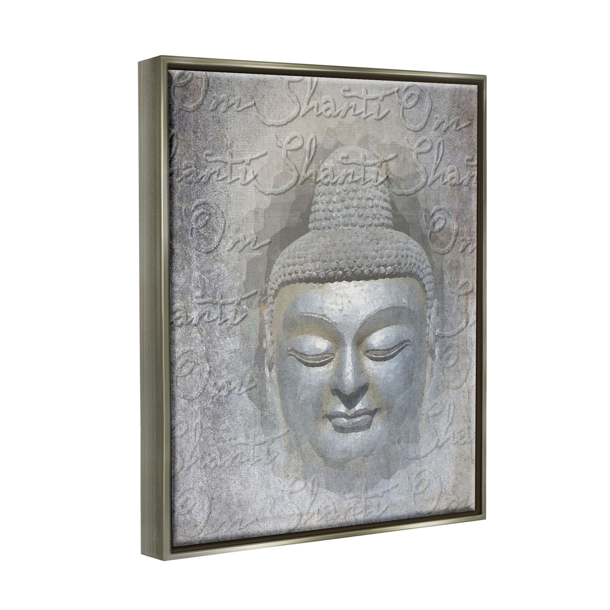 Stupell Industries Layered Buddha Spiritual Words Script Om Shanti Mantra Graphic Art Luster Gray Floating Framed Canvas Print Wall Art, Design by Graffitee Studios