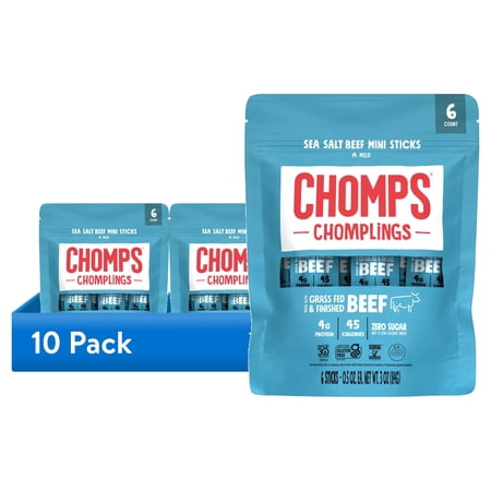 (10 pack) Chomplings Sea Salt Beef Mini Jerky Meat Sticks, 4g of Protein (6 Count)