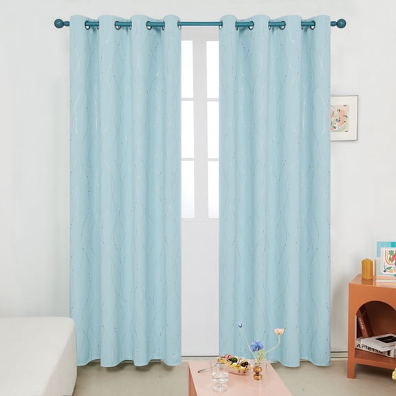 Deconovo Room Darkening Thermal Insulated Gold Printed Wave Lines with Dots Blackout Curtains Noise Reducing Window Drapes for Babys Room Sky Blue 52 x 84 inch Set of 2