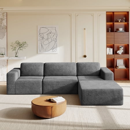 Vesgantti 119" Cloud Modular Sectional Sofa, Oversized Corduroy L-Shaped Couch with Deep Seats & Spring Comfort, Convertible with Ottoman, No Assembly, Grey