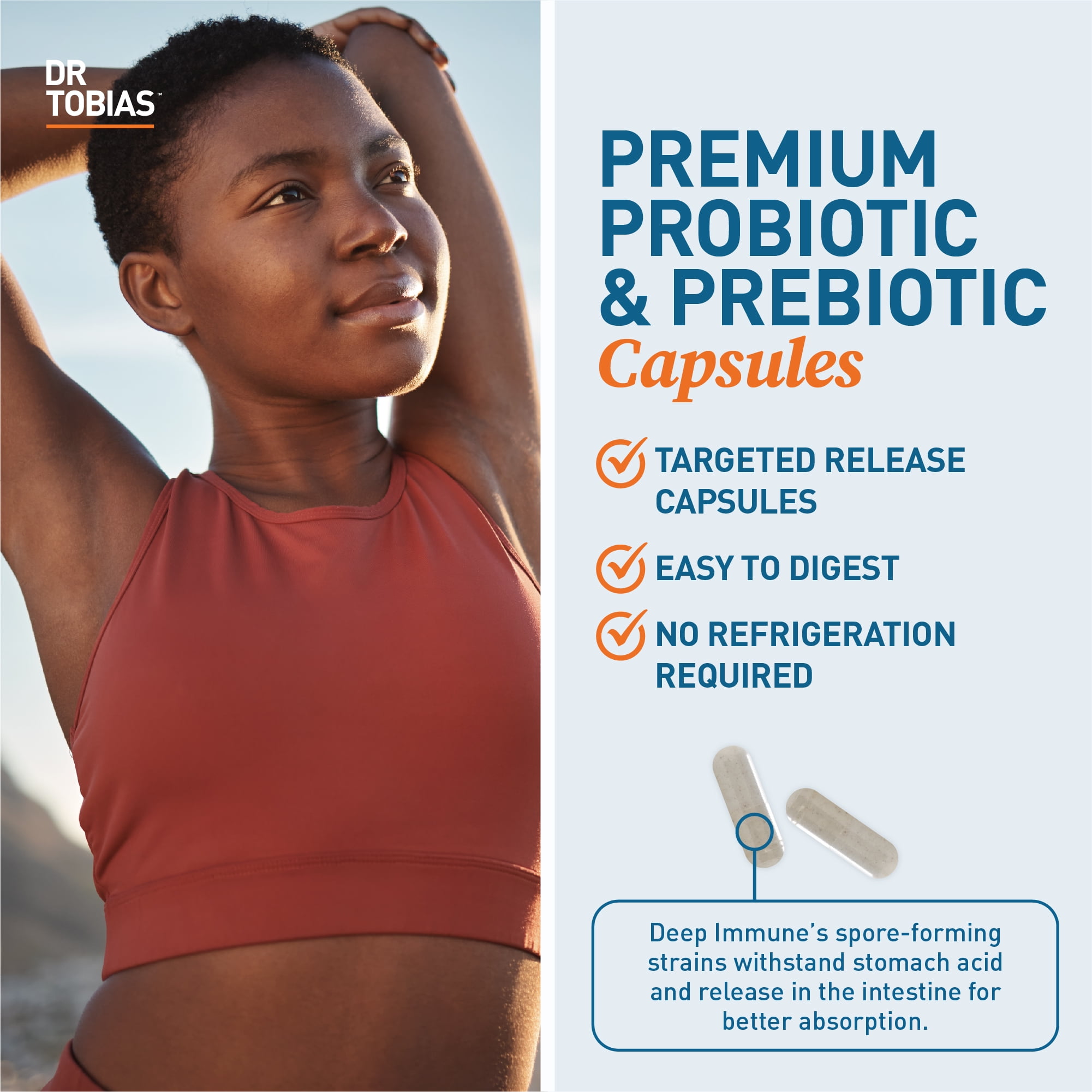 Dr. Tobias Deep Immune Probiotics & Prebiotics - Dual Action Digestion & Immune Support with PreforPro Prebiotics & Delayed Release Spore Forming Probiotics for Women & Men 60 Capsules 30 Servings
