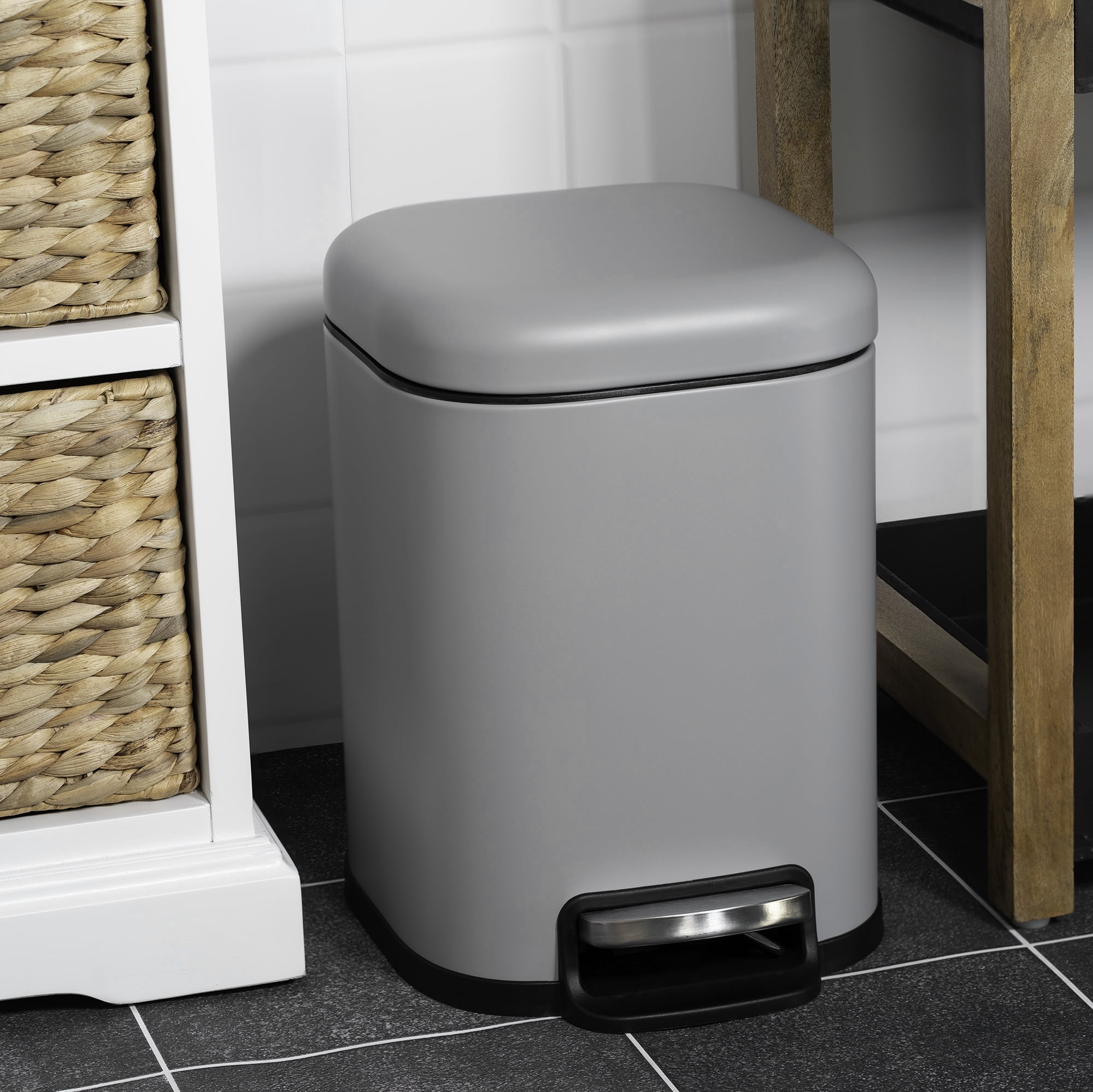 Acento Cubo Square Step Trash Can, 1.6 Gallon Compact Bathroom Waste Bin with Soft Close and Stay Open Lid, Removable Inner Bucket, Matte Gray