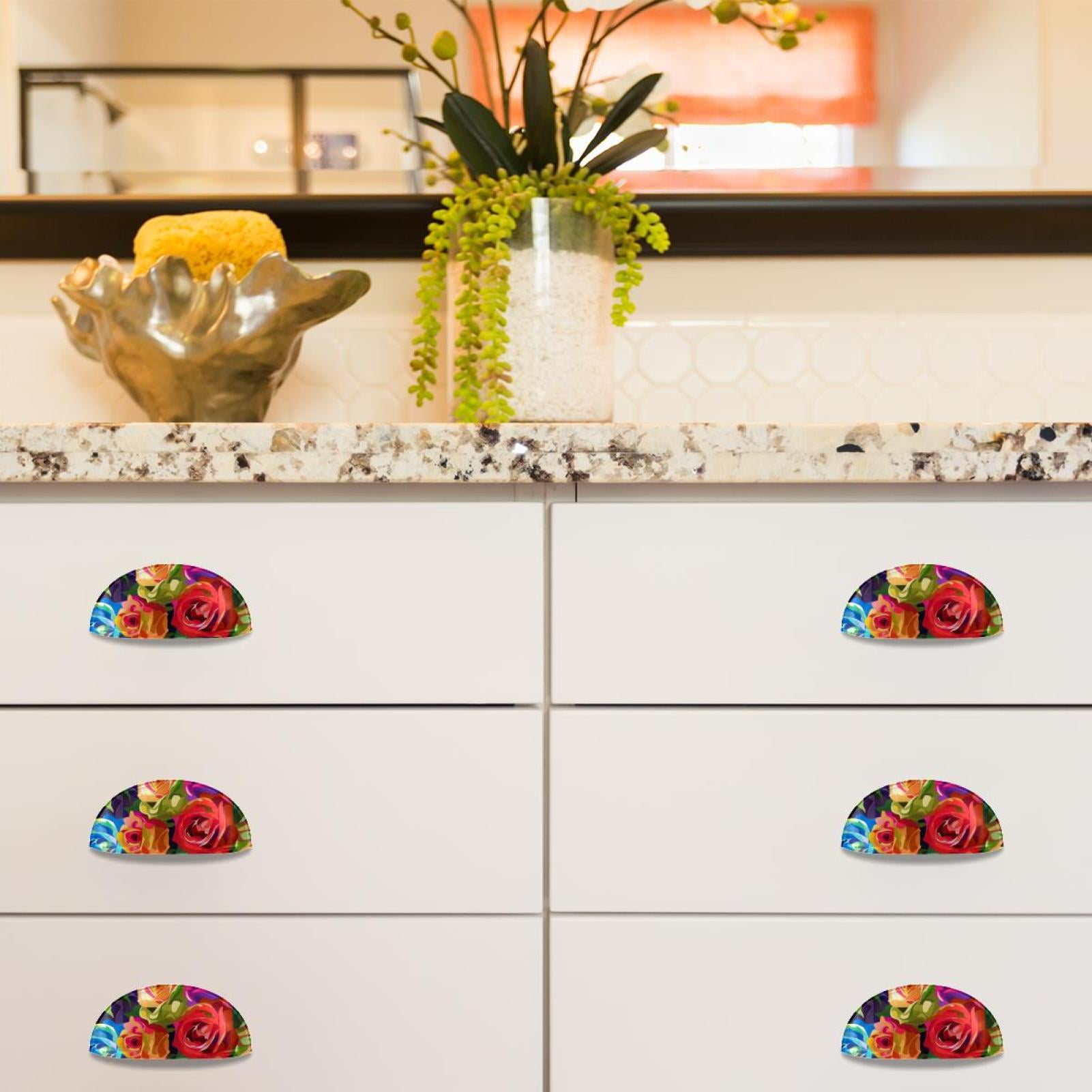 PhooArto 6 Pcs Cup Drawer Pulls, Rose Flower Colorful Pattern Shell Shape Handles Cabinet Knobs for Dresser Cupboard Closet Wardrobe with Screws