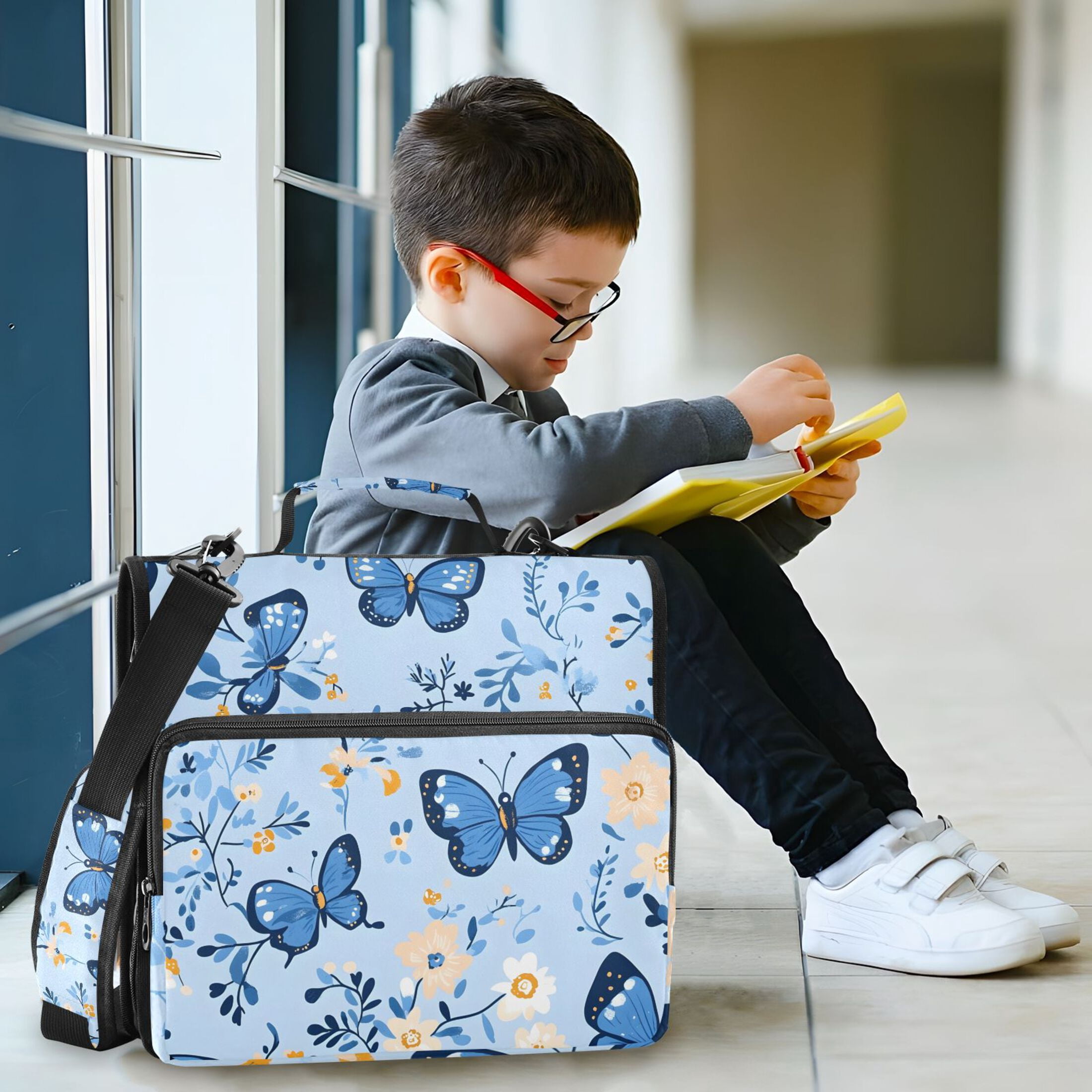 3 Ring Zipper Binder with Shoulder Strap Waterproof Trapper Keeper 2 Inch D-Ring 500 Sheets Capacity Blue Butterflies and Flowers