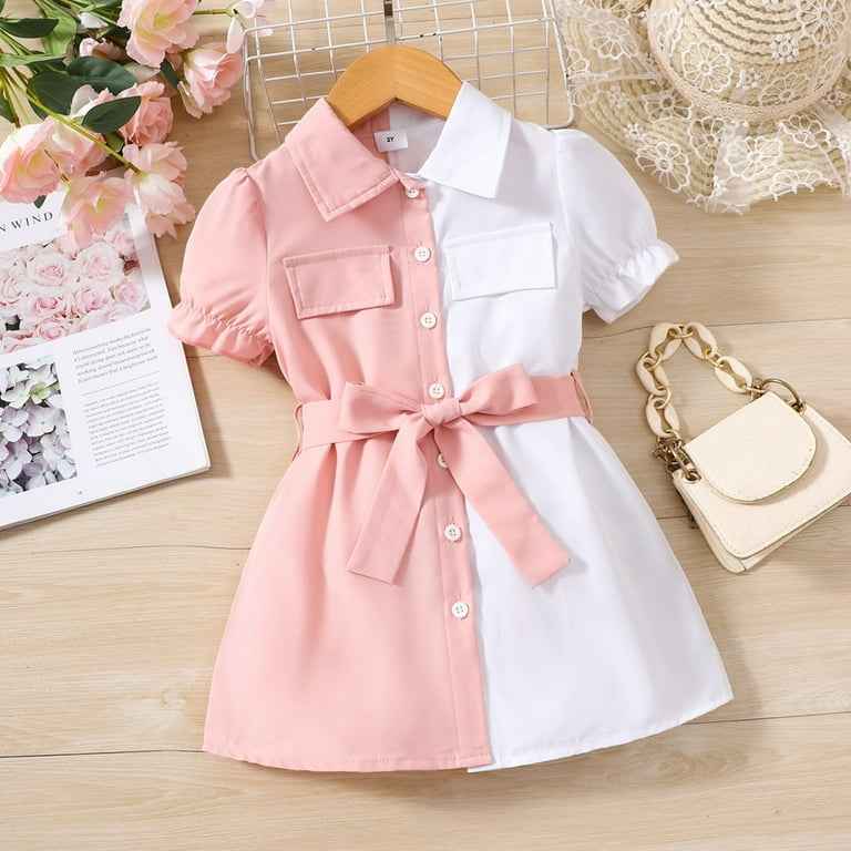 Dresses for Teens Summer Fashion Color Matching Pink and White Lapel Short Sleeve Lace Up Girls Easter Dress
