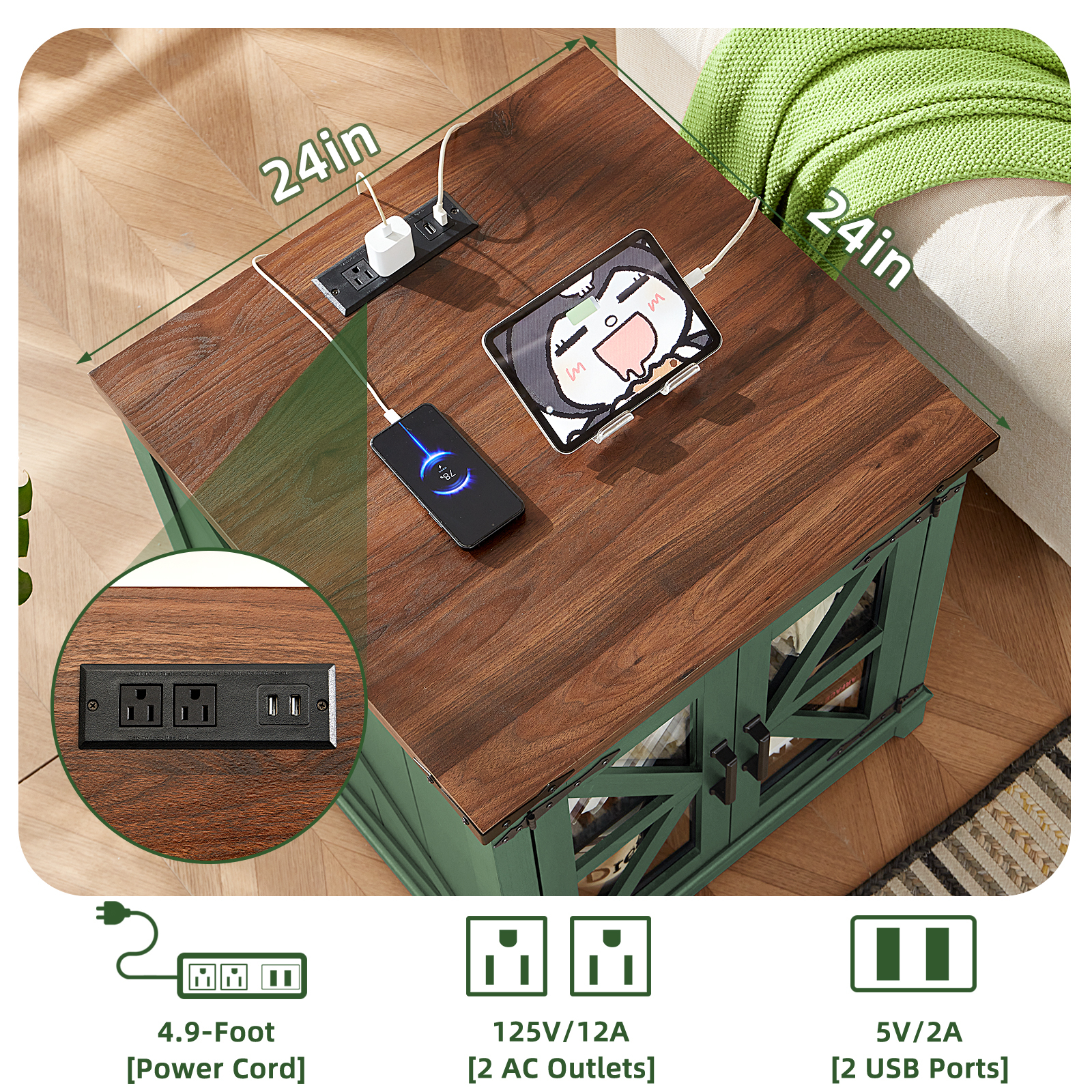 Joaxswe Farmhouse End Table with Power Outlets, Glass Door, Adjustable Storage Shelf, 24" Sidetable for Living Room, Bedroom, Office - Green
