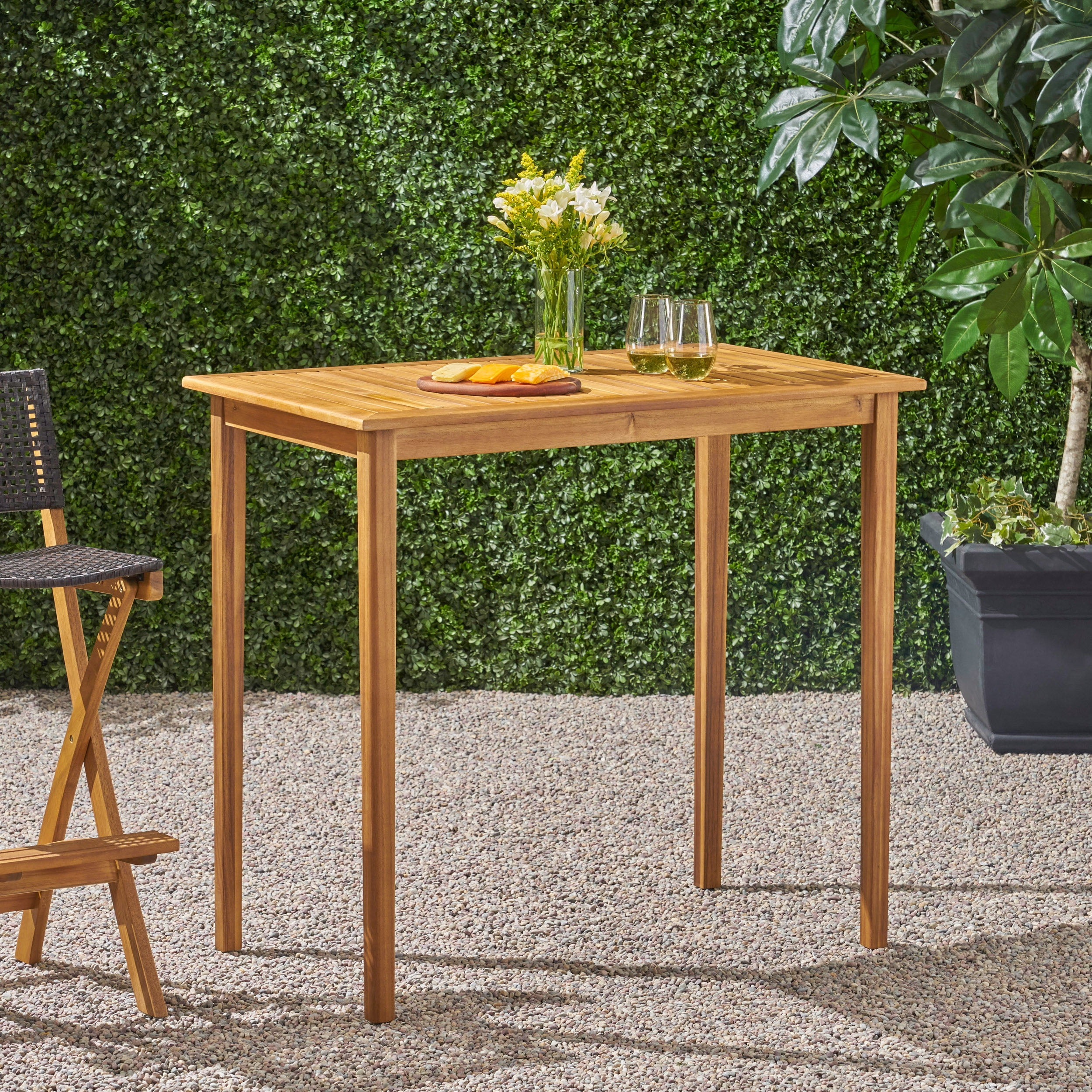 Outdoor Rectangular Bar Height Table, Solid Acacia Wood Top for Patio Garden, Teak Finish