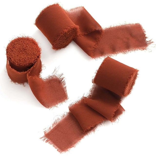 Zhuge Cintas para embalaje de cajas de regalo, cintas de gasa con bordes sin rematar rasgadas a mano, decoraciones de moños de cinta, tiras de tela de seda real (rojo óxido)