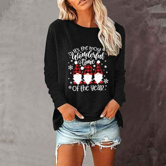 SELONE Christmas Shirts Small for Women Plus Size Long Sleeve Xmas Pullover Tops Gnome Tees Blouses Christmas Themed Clothing Christmas Outfits Ideas Holiday Attire Party Collection Black 2XL